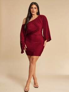 SHEIN BAE Plus Size Women's Burgundy Autumn Elegant Festa Off-Shoulder Dress,Metallic Flare Sleeve Asymmetrical Bodycon Maxi Dresses For Party Wedding Guest - Apricot - View 3