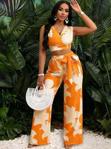 Lureya 女士印花深V领扭结腰带背心和直筒裤两件套，青春魅力性感装扮，适合日常、派对、海滩、度假等场合。 - 彩色 - 查看 7