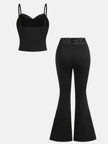 SHEIN Girlism 少女夏季黑色蕾丝拼接吊带背心套装+喇叭裤修身两件套 - 黑色 - 查看 2