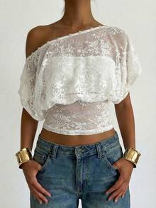 Aloruh Romantic Date Versatile White Sheer Blouse, Loose Top Tight Bottom, Spring/Summer New Arrival - White - View 3