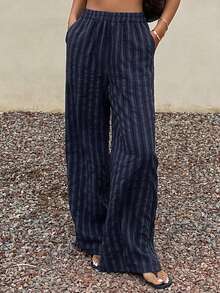 Livesso 女士休闲条纹阔腿裤 - 黑色 - 查看 2