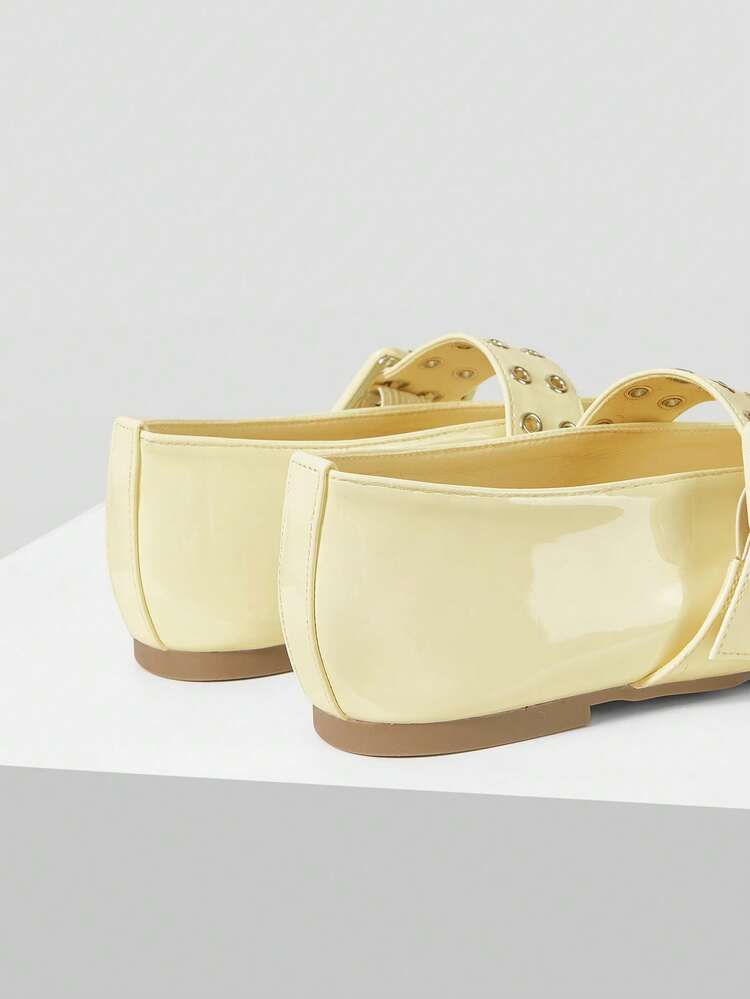 WOMEN SHOES NEW FRENCH RETRO FASHION LIGHT YELLOW PU LEATHER DOUBLE-BREASTED RIVET BUCKLE SQUARE TOE FLAT-SOLED SHOES, COMFORTABLE AND VERSATILE, LIGHTWEIGHT AND NOT TIRED FEET, SIMPLE ATMOSPHERE, CASUAL AND HIGH-END FOREIGN MARY JANE SHOES