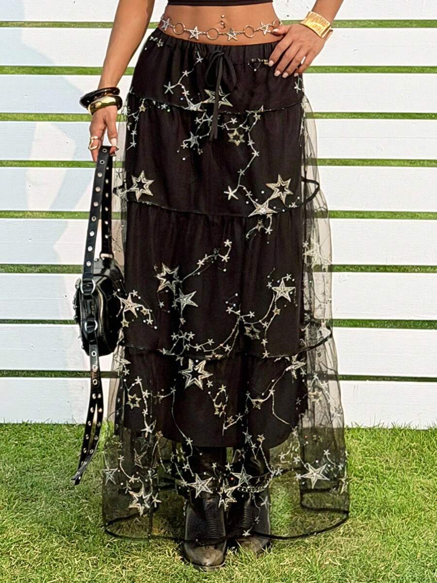 SHEIN EZwear Black Embroidered Sequin Patchwork Elegant & Fashionable Skirt - Black - View 1