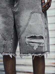 Modcrash Quần short denim nam trơn, viền tua rua, có túi, kiểu dáng thời trang, phong cách retro Mỹ, unisex, dáng rộng thoải mái, phù hợp cho trang phục mùa hè – thích hợp mặc hàng ngày và đi nghỉ hè. - Màu Xám nhạt - Xem 6