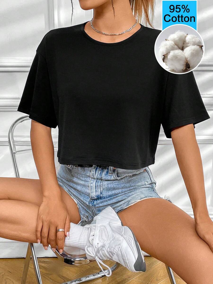 INAWLY Women's Solid Color Round Neck Casual Versatile Daily Wear Short Sleeve T-Shirt - Black - View 1