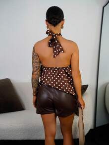 SAYEHFBABY 女式夏季时尚露背系带波尔卡圆点印花衬衫 - 咖啡棕 - 查看 2