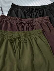 SHEIN EZwear Plus Size Women's Solid Color Drawstring Waist Loose Casual Shorts - Multicolor - View 4