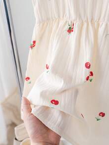 Young Girls' Formal Dresses Cherry Print, Textured Fabric, Loose Fit, Puff Sleeve Style, Sweet And Minimalist Design, Summer Collection. - Apricot - View 3