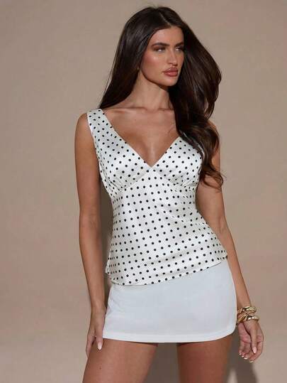 SHEIN BAE Women's Elegant Polka Dot Print V-Neck Camisole For Commuting, Summer,Summer Top