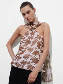 Aveloria Modichic Élégante et sexy blouse légère en chiffon avec boucle métallique de luxe, imprimé ras-du-cou dos nu/imprimé aléatoire - Multicolore - Voir 3