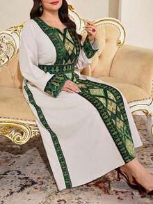 SHEIN Najma Đầm kiểu Ả Rập cổ khoét eo, họa tiết hình học, dành cho nữ cỡ lớn, thích hợp mặc mùa xuân/thu. - Nhiều màu - Xem 3