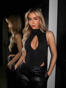 SHEIN ICON 女士性感纯色镂空无袖连体衣，夏季 - 黑色 - 查看 1