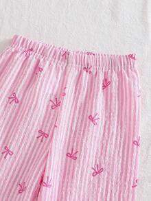 SHEIN Vintaside Kids 2件組女嬰粉色與白色夏季可愛格紋印花蝴蝶結裝飾背心上衣與長褲套裝，親子穿搭時尚校園旅行穿著 - 粉色 - 查看 7