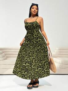 SHEIN EZwear 大码豹纹吊带连衣裙，腰部系带可调节，配有隐形拉链，适合春夏穿着。 - 軍綠色 - 查看 3