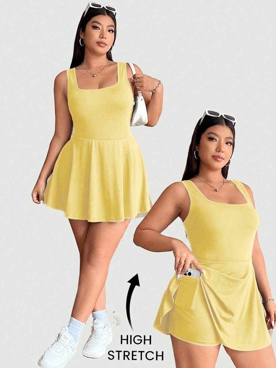 Solflare Plus Size Women's Sleeveless Solid Color Pockets Romper, One Piece Outfit In Pale Yellow - Pale Yellow - View 1