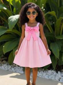 SHEIN Young Girl Woven Striped 3D Bow Casual Slip Dress,Kids Pastel Pink,Summer,Fairy,Beach,Holiday Clothes,Girls Sundress Birthday Outfits - Baby Pink - View 4