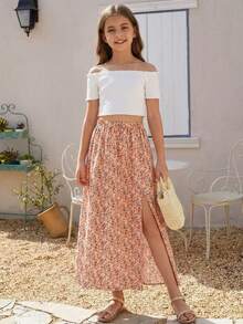 SHEIN Tween Girl Ditsy Floral Elastic Waist Casual Skirt Long Spring Summer Skirts Modest Skirt - Pink - View 4