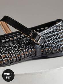 SHUZIA 女士宽楦休闲编织PU方头舒适玛丽珍芭蕾平底鞋 - 黑色 - 查看 6