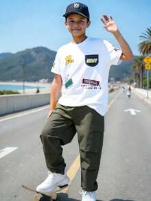 Tween Boy New Summer Graphic Round Neck T-Shirt & Pleated Cargo Pants 2 Pieces Casual Sports Set - Army Green - View 4