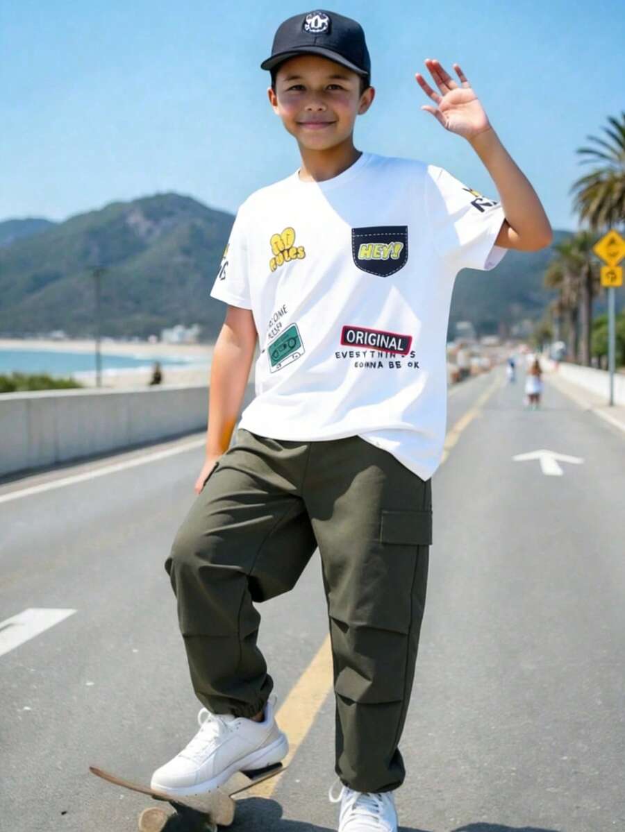 Tween Boy New Summer Graphic Round Neck T-Shirt & Pleated Cargo Pants 2 Pieces Casual Sports Set - Army Green - View 1