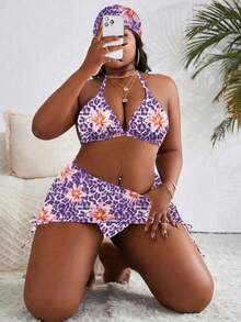 Slaydiva 加大码随机印花挂脖三件套泳衣，4件套橙色Y2K泳衣女士泳衣沙滩装女式两件套豹纹比基尼上衣紫色女士泳衣两件套复活节 - 彩色 - 查看 3