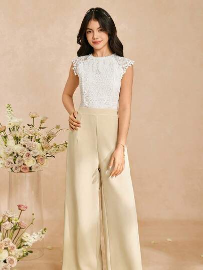 Girl & Girls Elegant Lace Trim Jumpsuit, Soft Woven Fabric High Waist Wide Leg Pants, Suitable For Daily Wear, Parties And Gatherings