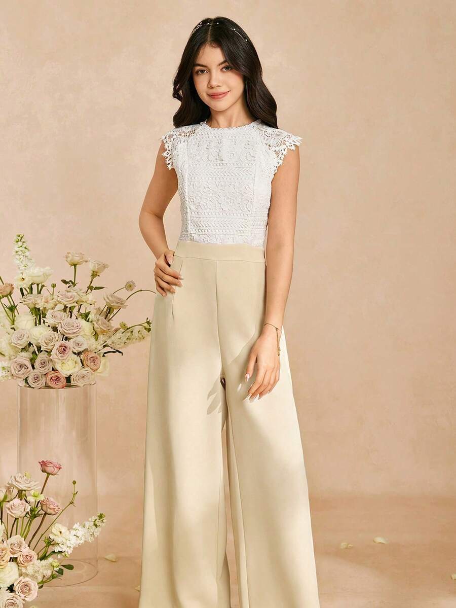 Combinaison élégante avec garniture en dentelle pour filles et femmes, pantalon à taille haute et jambes larges en tissu doux et tissé, convient pour le port quotidien, les fêtes et les rassemblements - Nude - Voir 1