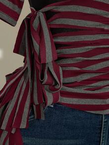 SHEIN ICON Y2k 女款哥特风 Coachella 音乐节俱乐部嬉皮辣妹中国风红黑条纹不对称肩短袖侧扭结时尚上衣，夏季 - 彩色 - 查看 10