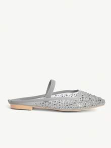 CUCCOO CHICEST Chaussures femme printemps été mode argent plein de diamants maille élastique femme plat mule chaussures élégantes lorsque confortables mignonnes douces chaussures plates femme demi-mules - Gris argenté 2 - Voir 3