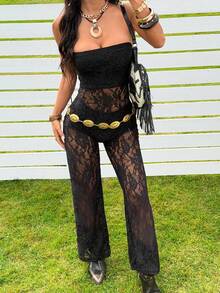 SHEIN EZwear 女士蕾丝抹胸连体裤，性感日常穿着 - 黑色 - 查看 7