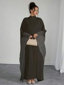 SHEIN Raffinéa 女士优雅纯色立领蝙蝠袖宽松连衣裙 - 黑色 - 查看 4