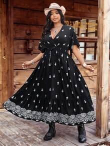 Ceyna Plus Size Black Woven Casual Vacation Elegant Drawstring Shoulder Sleeve Waist Dress, Spring/Summer Boho Plus Size Dresses Plus Size Women's Clothing Stores Online Plus Size Rodeo Outfits Plus Size Western Dresses For Women Plus Size Cowgirl Dress - Black - View 6