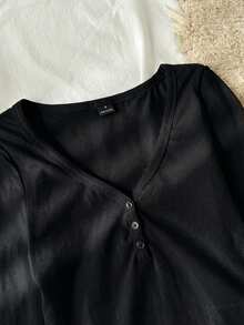 SHEIN EZwear 女士休闲长袖上衣和短裤两件套，95%纯棉，黑色 - 黑色 - 查看 5