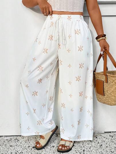 SHEIN Frenchy Quần ống rộng cạp chun có dây rút dành cho nữ cỡ lớn, in họa tiết cây cỏ, thích hợp cho kỳ nghỉ.