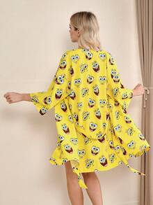 SpongeBob SquarePants | SHEIN Women's 3/4 Sleeve Knotted Waist Loose Sleepwear Robe, - Yellow - View 2