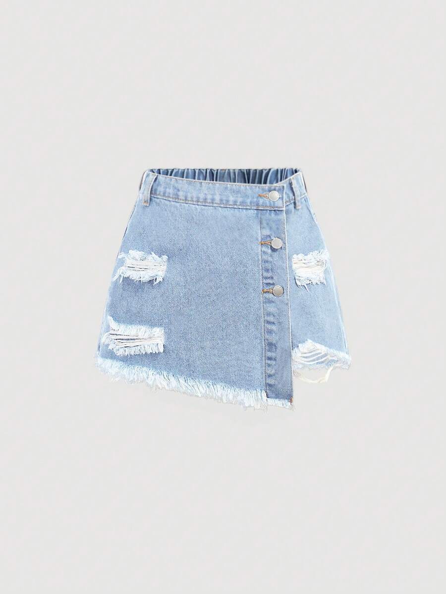 SHEIN 青少年女孩夏季休閒時尚破洞毛邊藍色牛仔短褲,適用於春假、電音節慶與日常穿著 - 淺色水洗藍 - 查看 1