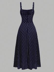 Auvina 大码优雅波点印花无袖连衣裙，夏季 - 藏蓝色 - 查看 2