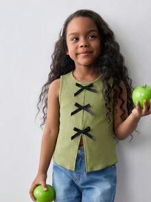 Young Girl Solid Color Round Neck Asymmetrical Hem Fitted Top - Olive Green - View 6