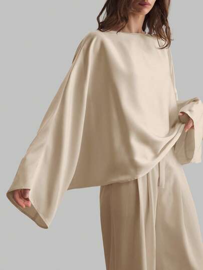 Ontre 2026SS New Satin Fabric Batwing Sleeve Long Sleeve T-Shirt For Women, Minimalist Elegant Business Casual Outfit, Bestselling Solid Color Boat Neck Retro Back-To-School Style Teacher Uniform, Basic Top For Office, Wedding Guest, Holiday & Vacation
