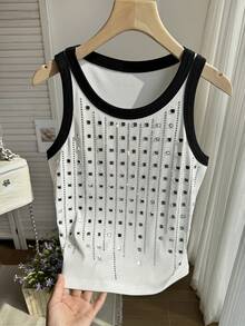 Resyla Camiseta holgada casual de mujer con cuello redondo, bloque de color y adornos de diamante de imitación - Blanco - Ver 3