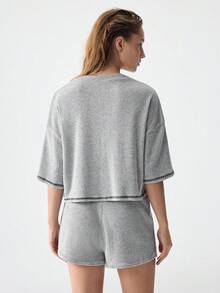 SHEIN Drop Shoulder Top-Stitching Knot Waist Lounge Set Outfit - Grey - View 2