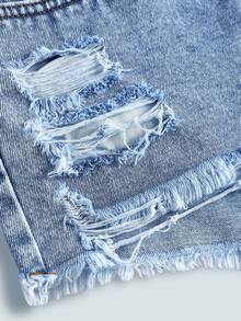 Pantalones cortos vaqueros desgastados con bajo deshilachado y tiro bajo, estilo casual de primavera y verano para adolescentes, apropiados para playa, conciertos, festivales, vacaciones, primavera y Día de San Valentín - Azul lavado medio - Ver 4