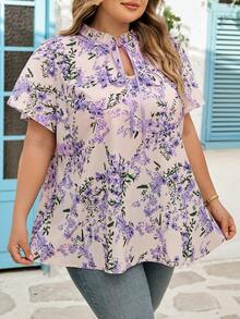 SHEIN CURVE+ Áo kiểu nữ mùa hè, họa tiết hoa, cổ bèo nhún, thắt nơ. - Nhiều màu - Xem 5