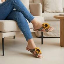 Flat Sandals With Sunflower Application Stripes Texture Braided MIA100 Beach Style Spring - 金子 - 查看 4