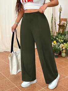 SHEIN EZwear Quần dài ống đứng đơn giản, màu trơn dành cho nữ cỡ lớn - màu xanh lá - Xem 5