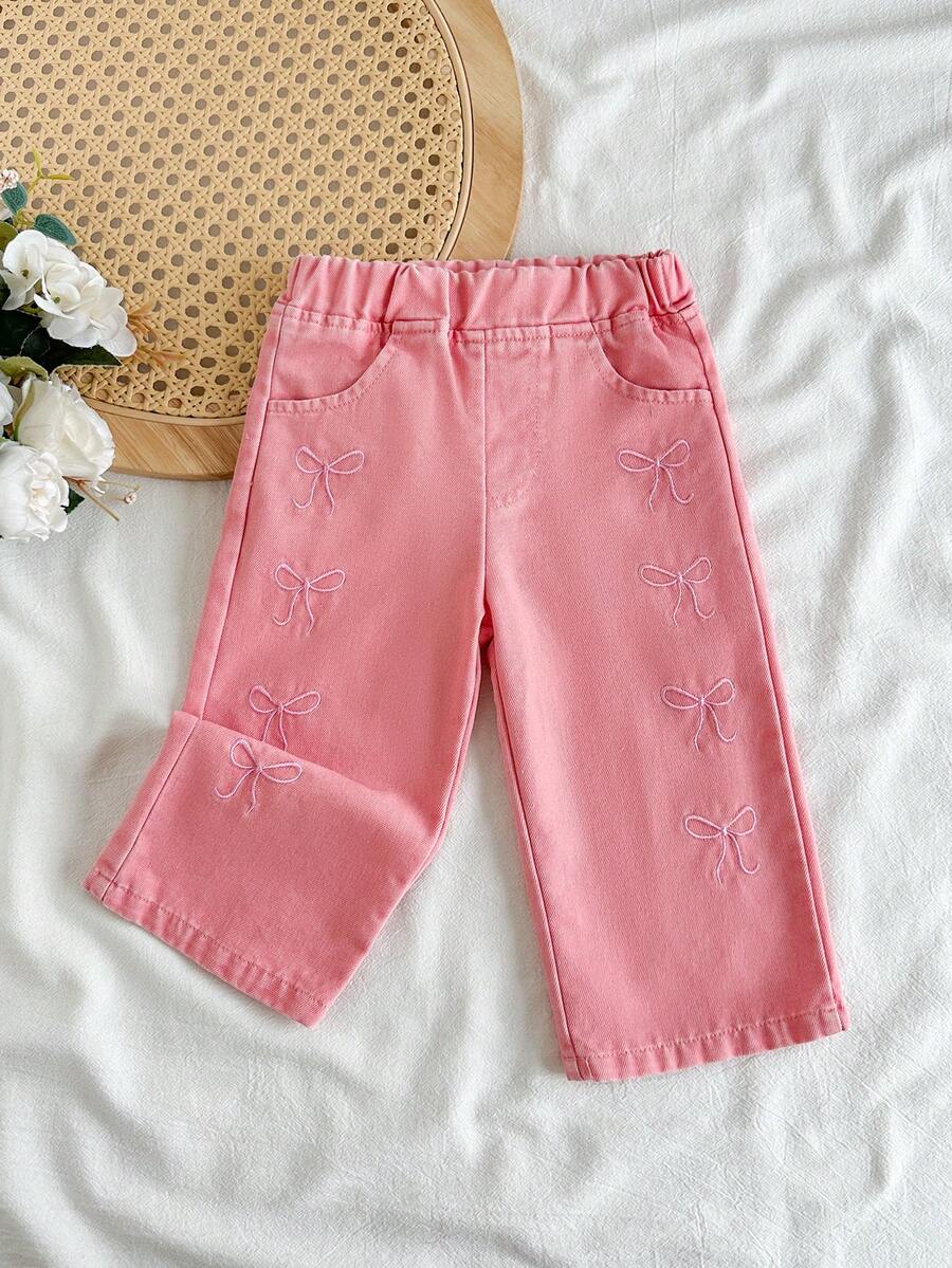 SHEIN Vintaside Kids Baby Girls' Jeans With Embroidered Bow Decor, Cute Countryside Style Versatile All-Match Denim Pants - Pink - View 1