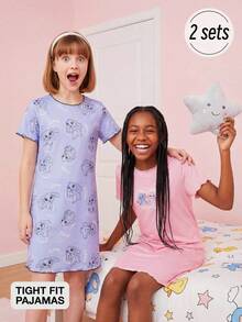 2pcs/Set Girls Cartoon Print Knit Short Sleeve Nightgown Loungewear, Spring/Summer - Multicolor - View 3