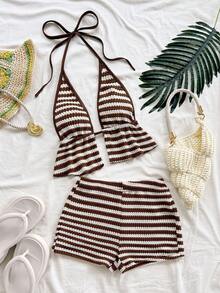 Soleia 女士度假休闲条纹露背吊带上衣和短裤两件套 - 咖啡棕 - 查看 1