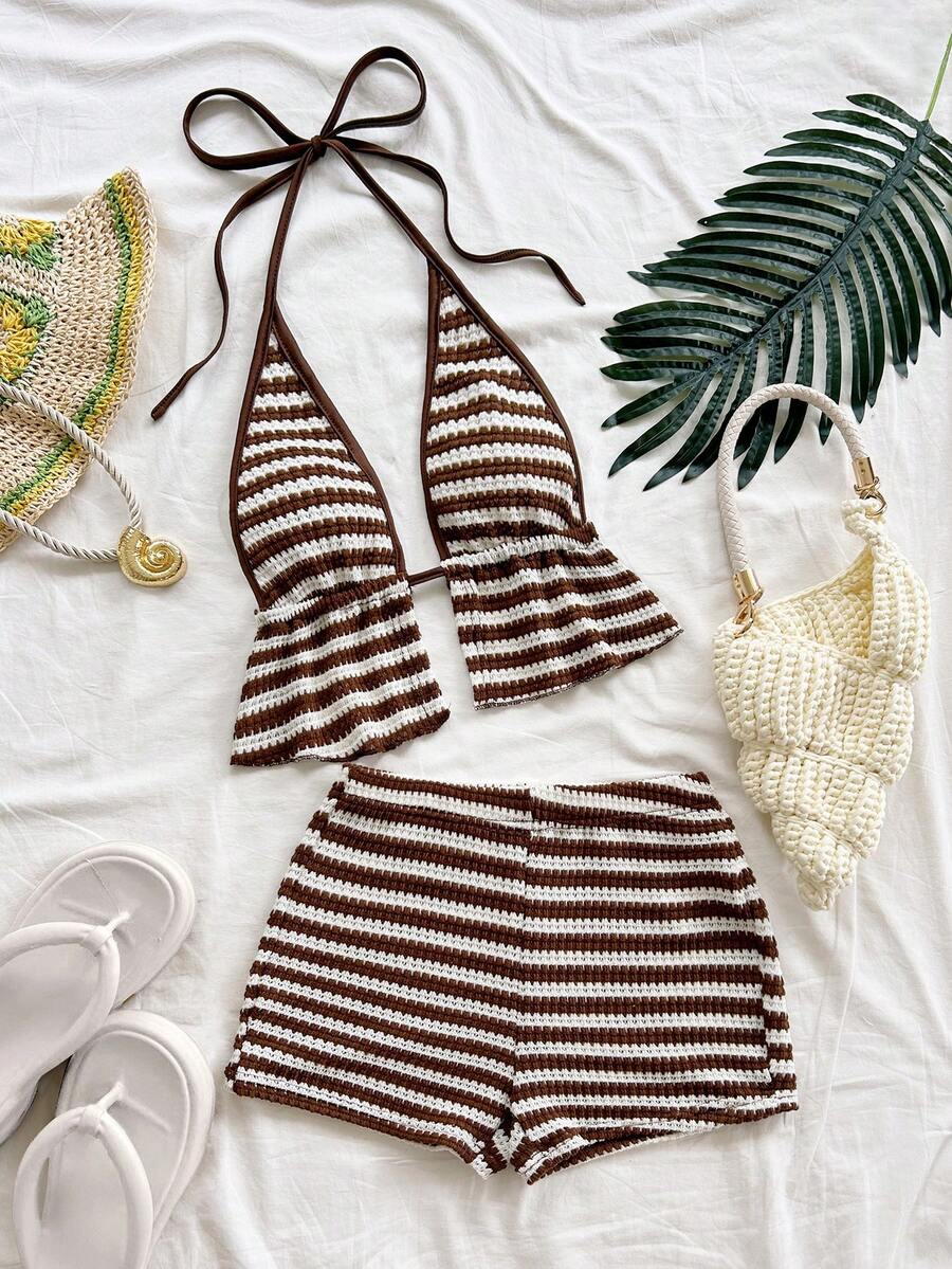 Soleia 女士度假休闲条纹露背吊带上衣和短裤两件套 - 咖啡棕 - 查看 1