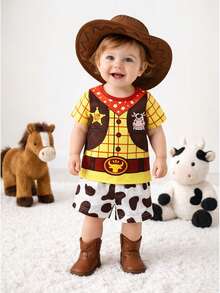 SHEIN Playful Pals 2件組 嬰幼兒男童可愛西部牛仔卡通圖案印花白色夏季短袖上衣與牛仔短褲套裝 生日穿搭 - 彩色 - 查看 5